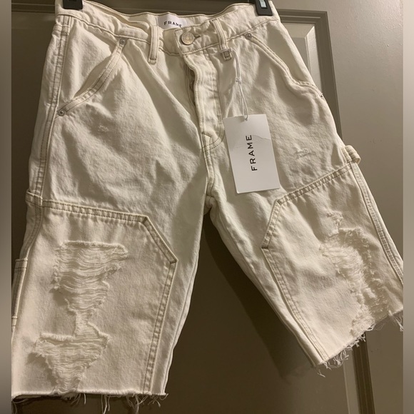 FRAME Denim Le Slouch Off White distressed Bermuda Short size 23. Retail $248 - Picture 3 of 11
